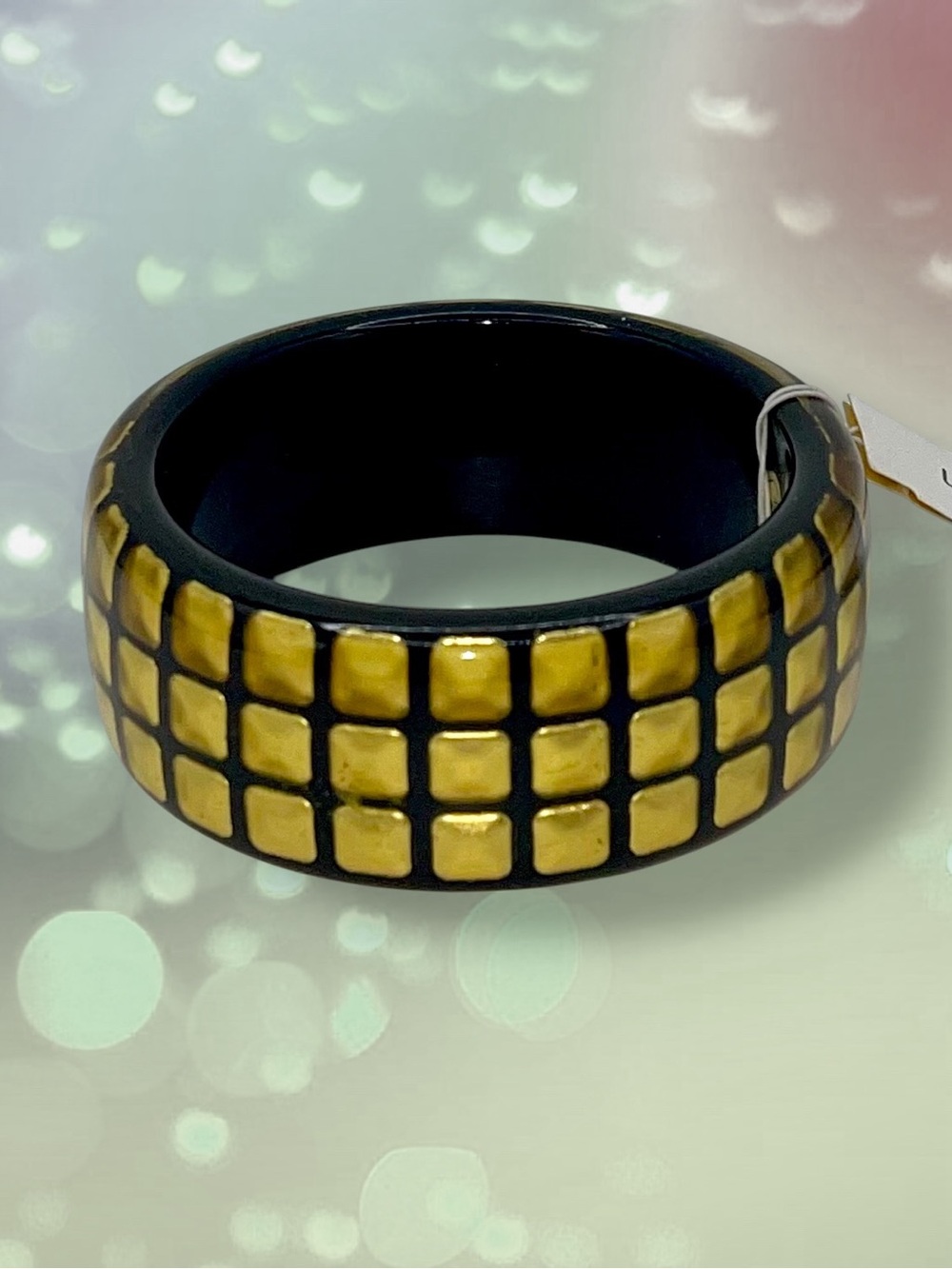 Vintage 1980s Chunky Silver Studded Black Lucite Bangle Bracelet Statement Pc